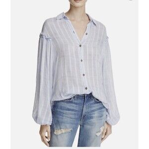 FREE PEOPLE Headed To The Highlands Women's Button Up Blue Blouse Top Sz XS Boho